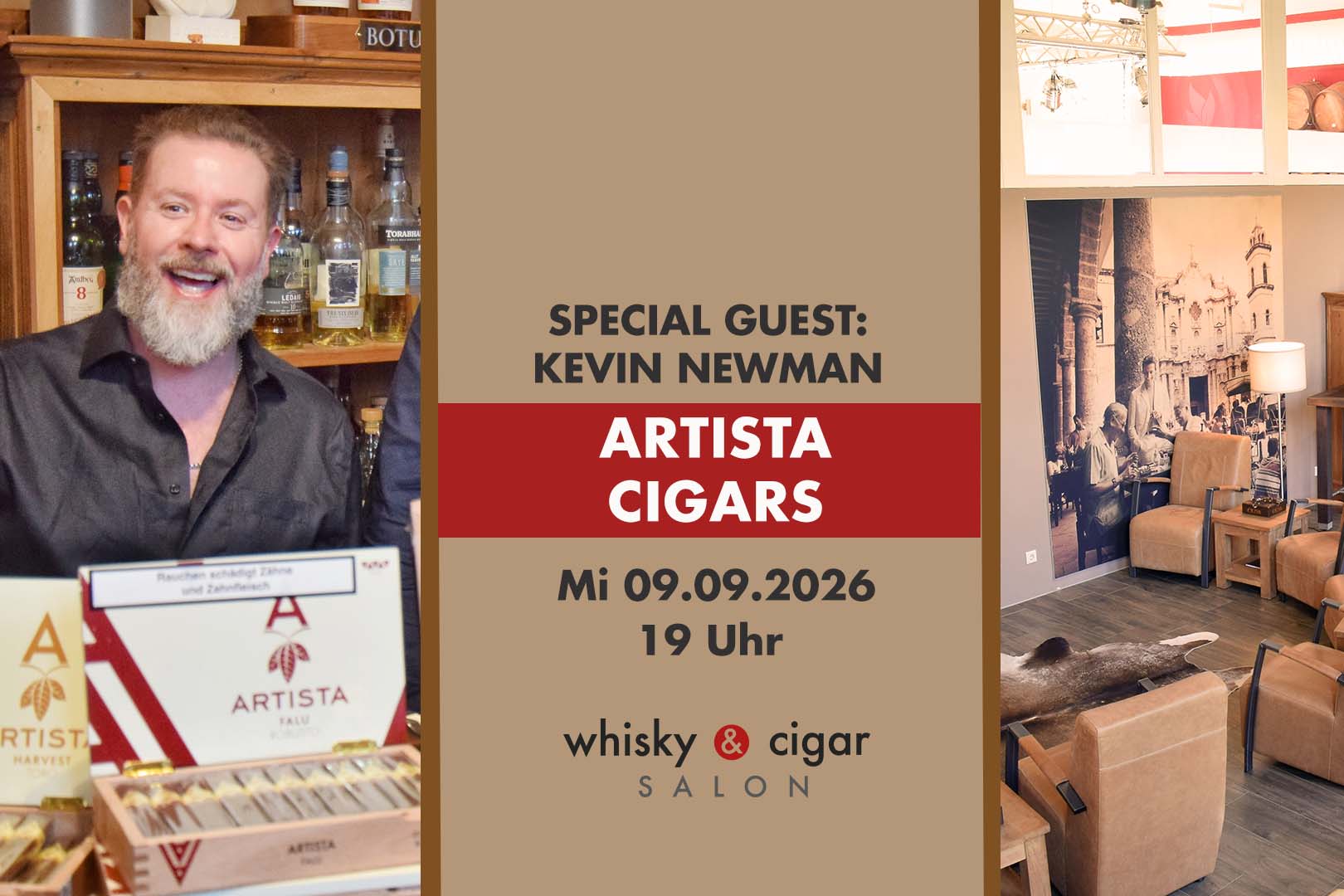 Ankündigung Zigarrenevent mit Artista Cigars und Kevin Newman im whisky & cigar salon.