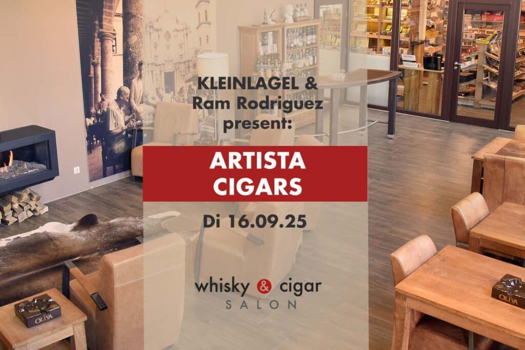 Ankündigung eines Zigarren-Events mit Artista Cigars, präsentiert von Ram Rodriguez, im whisky & cigar salon.