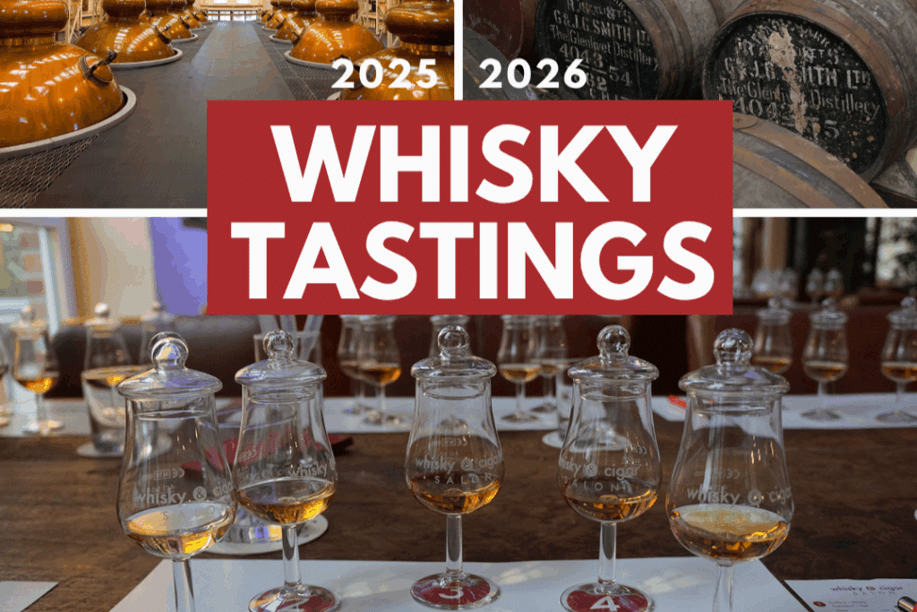 Whisky Distillery, Whisky-Fasser und 5 gefüllte Whisky-Gläser für ein Tasting im whisky & cigar salon.